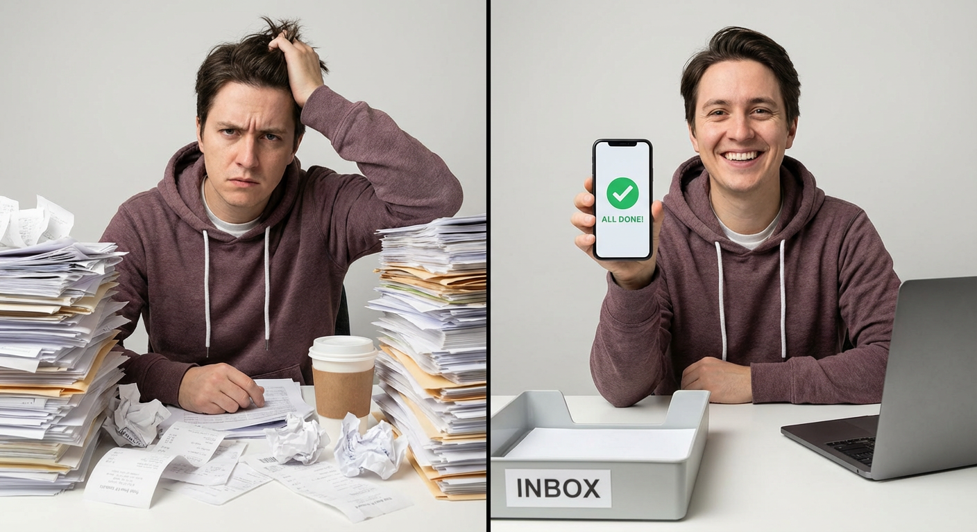 Comparação visual: freelancer estressado com pilha de documentos de contabilidade versus freelancer feliz usando celular com CNPJ regularizado pela Contad+